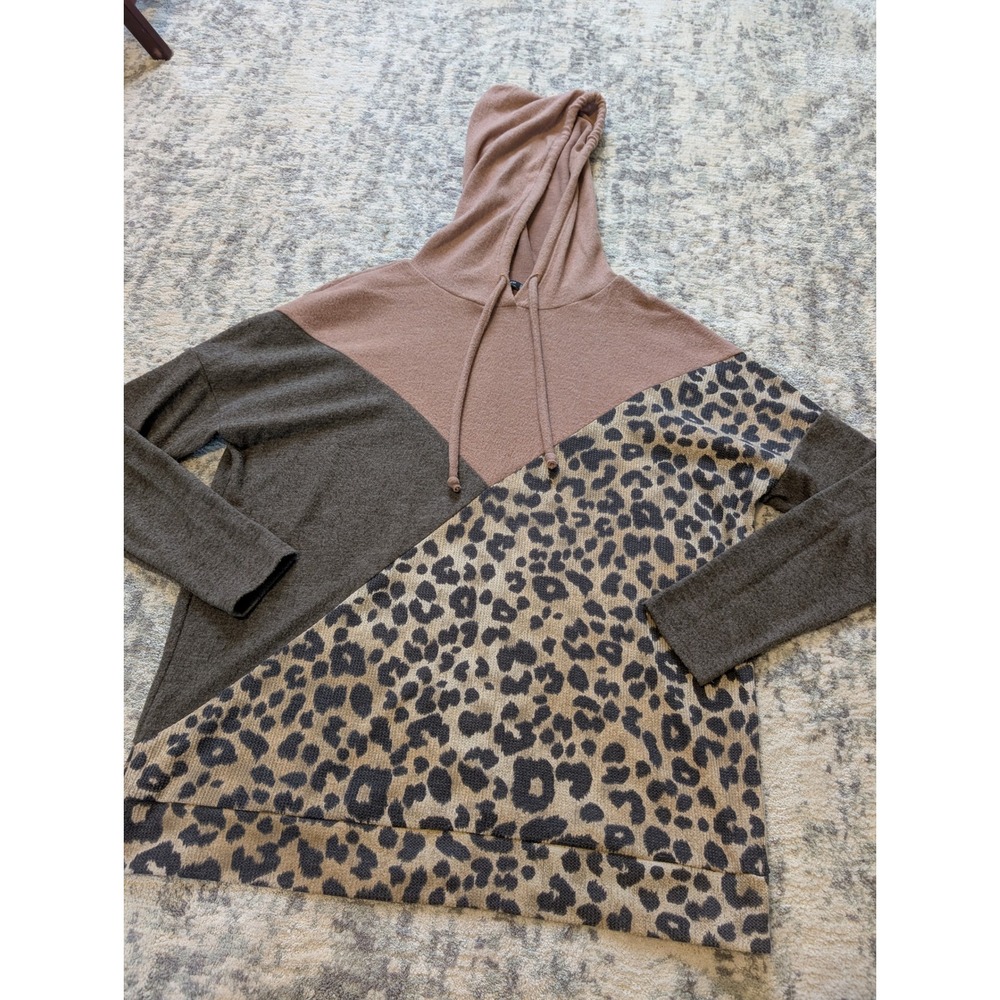 Staccato Colorblock Leopard Print Hoodie Pullover Sweatshirt Tunic Cozy Fall